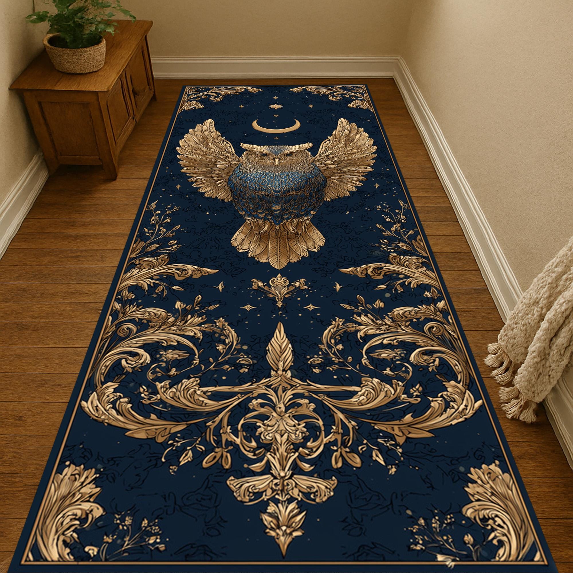 Golden Owl Runner Rug: Blue Night Sky Crescent Moon Design, Elegant Celestial Decor Carpet
