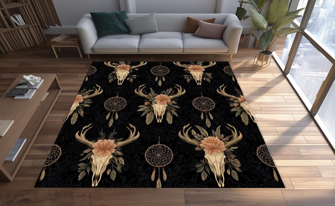 Western Skull Area Rug Deer Antler Boho Dreamcatcher Floral Gothic ...
