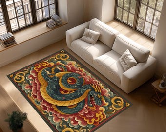 Orientalisk drakematta: Mytisk ormdesign, asiatisk fantasi mytisk heminredningsmatta