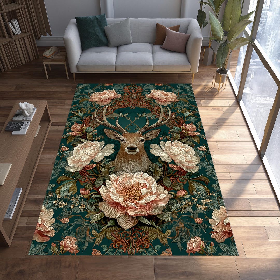 Stag Floral Baroque Rug: Deer With Flowers, Green Botanical Pattern ...