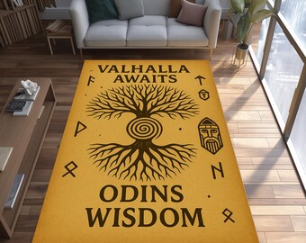 Viking Valhalla Rug: Odin Wisdom Tree Design, Norse Symbol Pattern, Nordic Warrior Decor