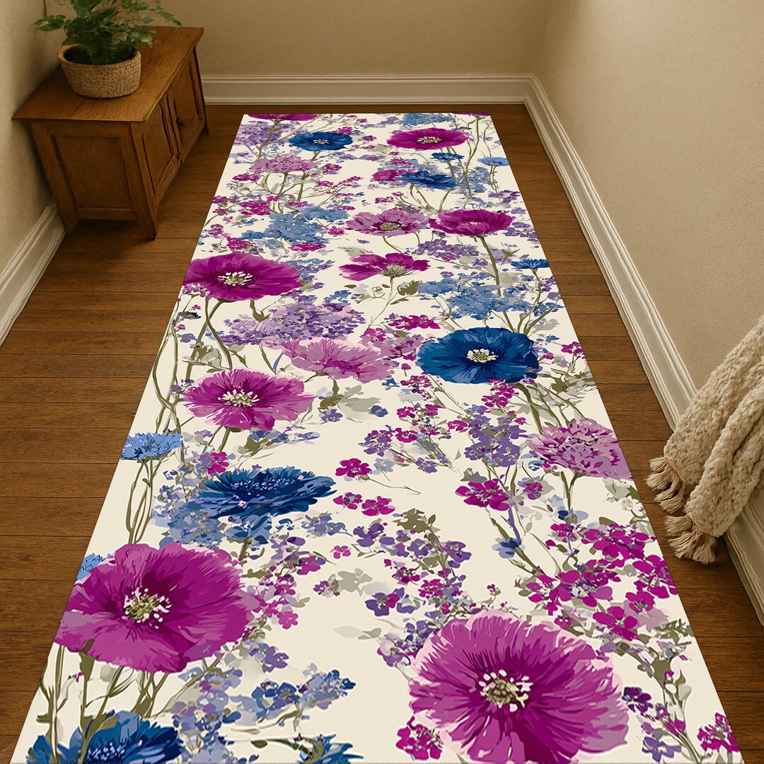 Floral Garden Runner Rug: Botanical Blossom Carpet, Purple Blue Flowers ...