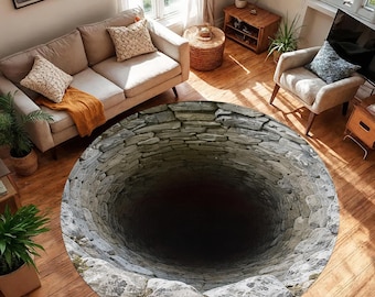 Stone Well Round Rug: 3D Optical Illusion Rock Texture Dark Fantasy Decor Living Room