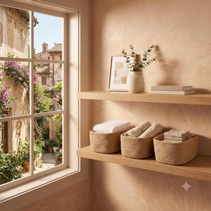 May include: Three rectangular woven rope baskets in a natural tan colour sit on a light wood shelf. Each basket contains folded white and beige textiles. A second shelf above holds a framed print, a white vase with greenery, and two books.