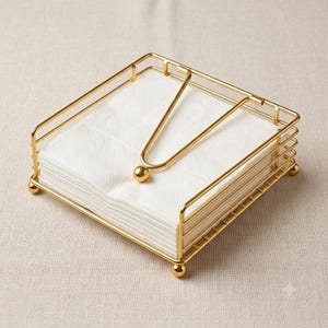 Pode incluir: Um porta-guardanapos quadrado de metal dourado com uma estrutura de arame e um braço pivotante com peso. O suporte contém uma pilha de guardanapos de papel branco e assenta sobre quatro pequenos pés esféricos na base.