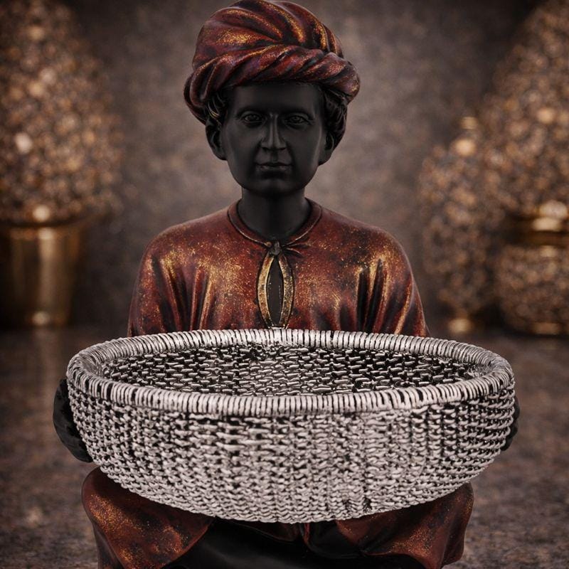 Tribal Man Resin Figurine Decorative Basket Bowl, Ethnic Decor
