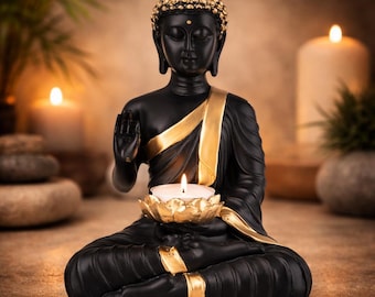 Handgemachter Schwarz & Gold Buddha Statue Kerzenhalter | Meditation Dekor