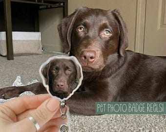 Carrete de insignia de acuarela para mascota personalizado con foto, porta identificación de perro y gato dibujado a mano, regalo de enfermera, clip para etiqueta con nombre de técnico veterinario