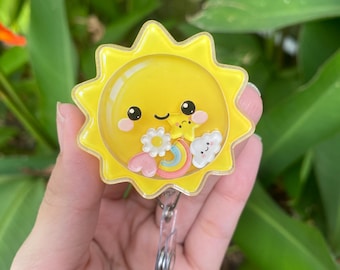 Söt solskakare-bricka, kawaii solsken-infällbar bricka, regnbågsmoln-sjuksköterske-ID-rulle, presentidé till barnlärare