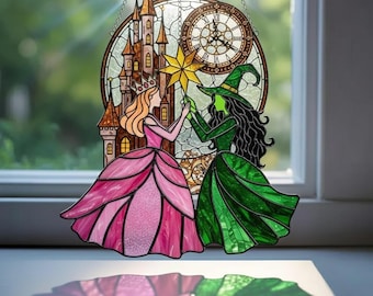エルファバとグリンダのサンキャッチャー、ウィキッドミュージカルデコレーション、アクリル魔女アート、オズの魔法使いギフト、ファンタジーウィンドウデコレーション