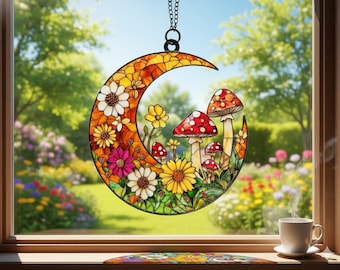 Atrapasol de setas, decoración rústica para el hogar con setas de vidrieras, arte colgante para ventana con forma de luna y seta voladora, regalo de cumpleaños para mamá