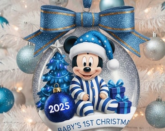 Baby’s 1st Christmas Ornament 2025, Mickey Blue 2D Ornament, Personalized Baby Boy Keepsake Gift