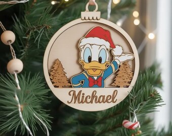 おもしろドナルドダックのクリスマスオーナメント、パーソナライズされた木製ギフト2025、カスタムディズニーファミリーツリーデコレーション