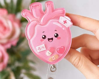 Rosa anatomischer Herz-Ausweishalter mit Schüttelmechanismus, Ausweishalter für Krankenschwestern, niedlicher medizinischer Ausweishalter, Kawaii-Geschenk für Krankenschwestern, Accessoire für medizinisches Fachpersonal