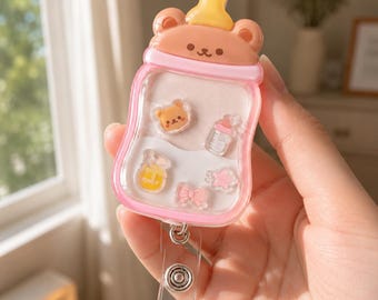 Bear Baby Bottle Shaker Badge Reel, Cute Nursery Acrylic ID Holder, Kawaii Teddy Badge Clip, NICU Pediatric Nurse Gift,Baby Shower Accessory