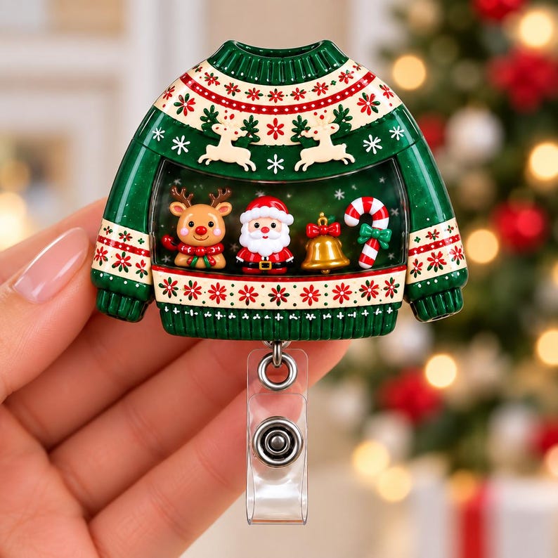 Christmas Sweater Shaker Badge Reel, Santa Reindeer ID Holder, Ugly ...