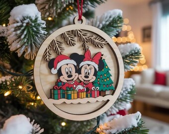 Disney Mickey & Minnie Ornament, Personalized Family Christmas Keepsake, Classic Wooden Decoration