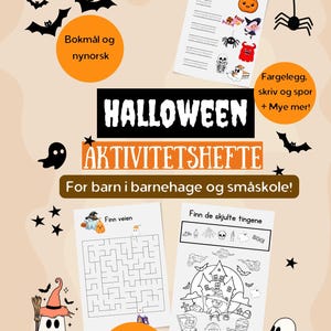 Puede incluir: Un libro de actividades de Halloween con el texto "Descarga digital" en la parte superior. La portada presenta ilustraciones de murciélagos, fantasmas, calabazas y un laberinto. El texto incluye "Libro de actividades de Halloween" y "¡Para niños de jardín de infancia y primaria!"