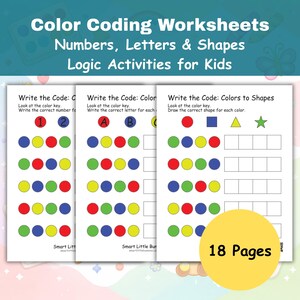 May include: Color coding worksheets for kids with numbers, letters, and shapes. The worksheets feature color keys and logic activities. The image shows three worksheets with different color-matching exercises. The worksheets are labeled "Write the Code" and include 18 pages.