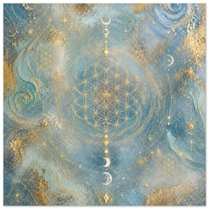 Print met hemelse geometrie | Abstracte sacrale kunst in blauw en goud (Forex)