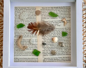 Handmade Sea Glass Wall Art, Coastal Beachcomber Decor, Vintage Book Page Background
