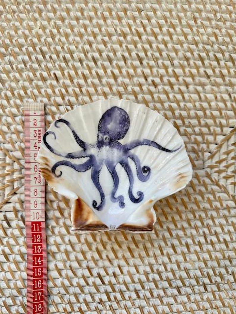 以下が含まれることがあります： 手描きの紫色のタコの模様が施された白いホタテ貝。貝殻の幅は約7.6cmで、自然で質感のある外観です。タコには詳細な触手と中央の頭があります。