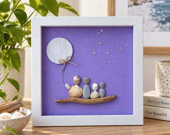 Handmade Pebble Family Art, Coastal Driftwood Seashell Wall Decor (Shadow Box)