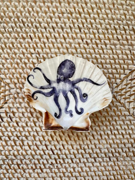 Octopus Scallop Seashell Trinket Dish, Ocean Art Shell. Natural Gift.