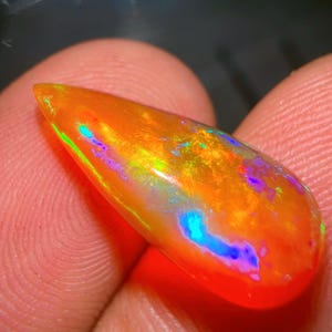 May include: A teardrop-shaped opal gemstone with a vibrant orange base colour. The stone displays iridescent flashes of blue, green, and purple across its surface. The opal is held between fingers, showcasing its polished, smooth texture.