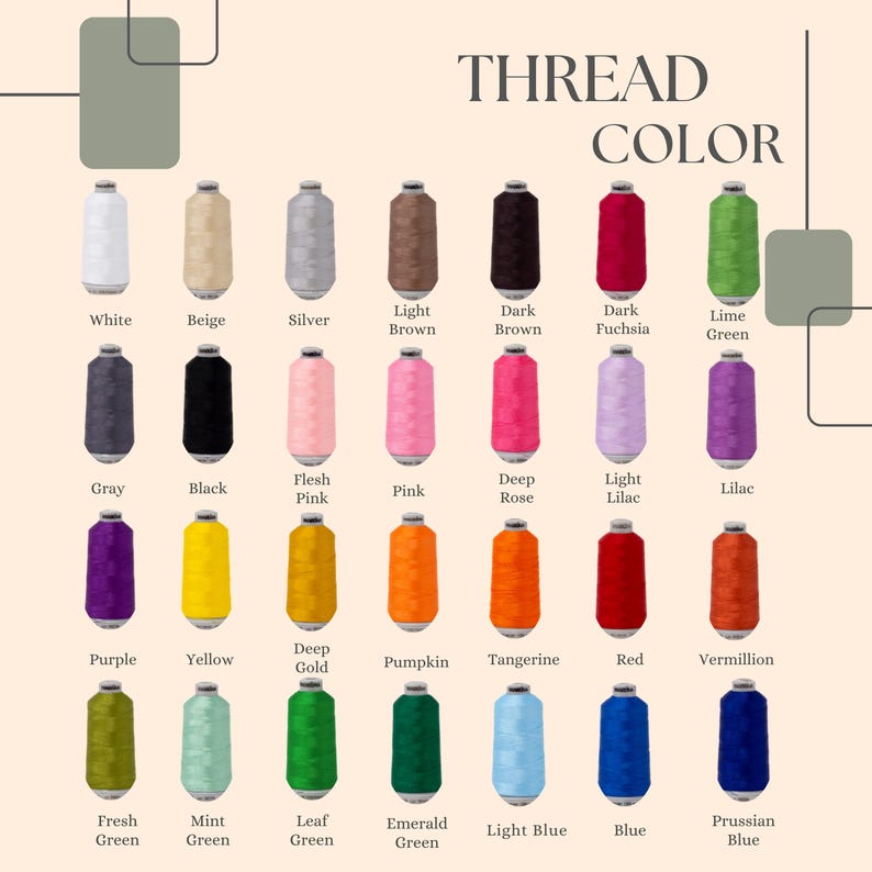 May include: A color chart displaying a variety of thread colors. The chart includes shades of white, beige, gray, black, pink, purple, yellow, orange, red, green, and blue. The text "THREAD COLOR" is at the top.