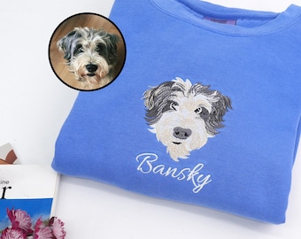 Comfort Colors Besticktes Hundegesicht-Sweatshirt - Benutzerdefiniertes Haustier-Foto-Hemd für Tierliebhaber - Katzenporträt-Stickereigeschenk
