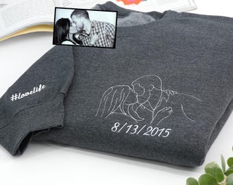 Custom Embroidered Outline Couple Portrait Sweatshirt - Line Art Photo Sweatshirts - Personalized Valentine Sweater - Girlfriend Gift