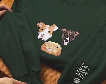 Custom Embroidered Pet Face Sweatshirt Using Photo: Dog Cat or Any Animal Portrait Crewneck, Pet Lover Gift