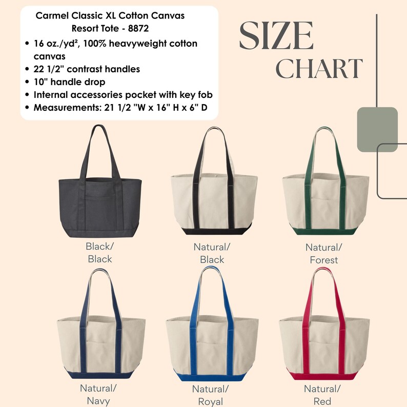 May include: A collection of XL cotton canvas resort totes in various colors, including black, natural with black trim, natural with forest green trim, natural with navy trim, natural with royal blue trim, and natural with red trim. Each tote has contrast handles and an internal accessories pocket. Measurements are 21.5" W x 16" H x 6" D.