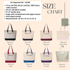 May include: A collection of zippered tote bags in various colors, including black, navy, maroon, light pink, red, royal blue, purple, and natural. Each bag features a front zipper pocket and self-fabric handles. Measurements are 18" W x 14" H x 4 1/2" D.