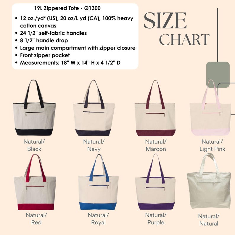 May include: A collection of zippered tote bags in various colors, including black, navy, maroon, light pink, red, royal blue, purple, and natural. Each bag features a front zipper pocket and self-fabric handles. Measurements are 18" W x 14" H x 4 1/2" D.