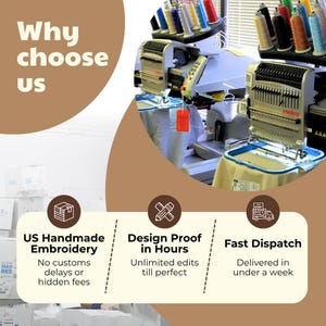 May include: An image showcasing embroidery machines with colorful thread spools. Text reads "Why choose us?" and highlights "US Handmade Embroidery," "Design Proof in Hours," and "Fast Dispatch."