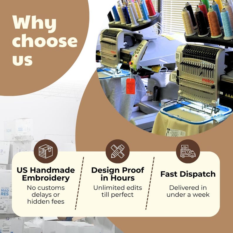 May include: An image showcasing embroidery machines with colorful thread spools. Text reads "Why choose us?" and highlights "US Handmade Embroidery," "Design Proof in Hours," and "Fast Dispatch."