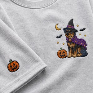 May include: A light gray sweatshirt featuring an embroidered design of a dog wearing a purple witch hat and cape, surrounded by a crescent moon, stars, bats, and a jack-o'-lantern. A small jack-o'-lantern is embroidered on the sleeve cuff.
