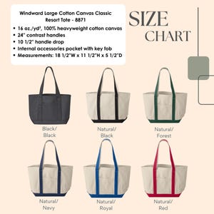 May include: A selection of large cotton canvas tote bags in various colors, including black, navy, royal blue, and red. Each tote features a contrasting handle and trim. The bags measure 18 1/2"W x 11 1/2"H x 5 1/2"D.