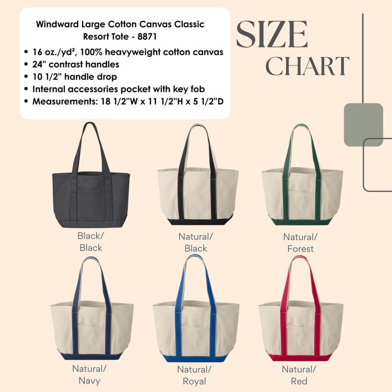 May include: A selection of large cotton canvas tote bags in various colors, including black, navy, royal blue, and red. Each tote features a contrasting handle and trim. The bags measure 18 1/2"W x 11 1/2"H x 5 1/2"D.