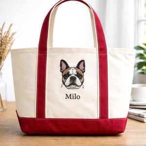 natural/Red Bags 8871 Canvas Boat Tote with a lifelike French Bulldog embroidery and the name "Milo." This personalized pet portrait bag features a classic contrast trim, making it a premium custom gift for bulldog owners and high-end embroidered merchandise.