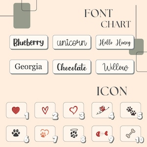 May include: A font chart and icon guide with text and illustrations. The "FONT CHART" section displays six font styles: Blueberry, unicorn, Hello Honey, Georgia, Chocolate, and Willow. The "ICON" section features heart and paw print designs.
