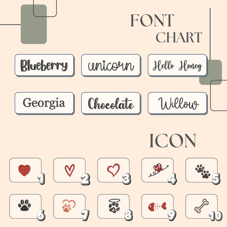 May include: A font chart and icon guide with text and illustrations. The "FONT CHART" section displays six font styles: Blueberry, unicorn, Hello Honey, Georgia, Chocolate, and Willow. The "ICON" section features heart and paw print designs.