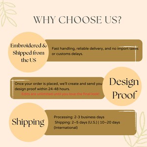 May include: Graphic with the text "WHY CHOOSE US?" and information about the product. Includes "Embroidered & Shipped from the US", "Design Proof", and "Shipping" details.