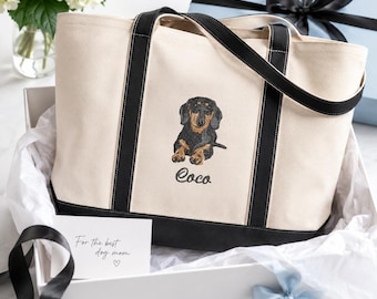 Custom Dachshund Dog Embroidered Canvas Tote Bag - Women School Work Bag with Pet Portrait - Personalized Dog Mom Birthday Gift