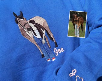 Embroidered Custom Horse and Owner Portrait Sweatshirt - Custom Hoodie for Rider and Friends - Racing Horses Line Art Photo