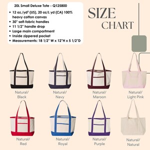 May include: A size chart displays eight canvas tote bags in various colors. Each tote features a natural-colored body with colored accents on the bottom and handles. The bags have a large main compartment, an inside zippered pocket, and 30-inch handles. Measurements are 18 1/2" W x 12"H x 5 1/2"D.