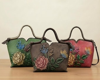 Leren schoudertas, handtas met grote capaciteit, draagtas voor dagelijks gebruik, vintage stijl, voor vrouwen, cadeau-idee, elegant bloemenaccessoire, vintage stijl