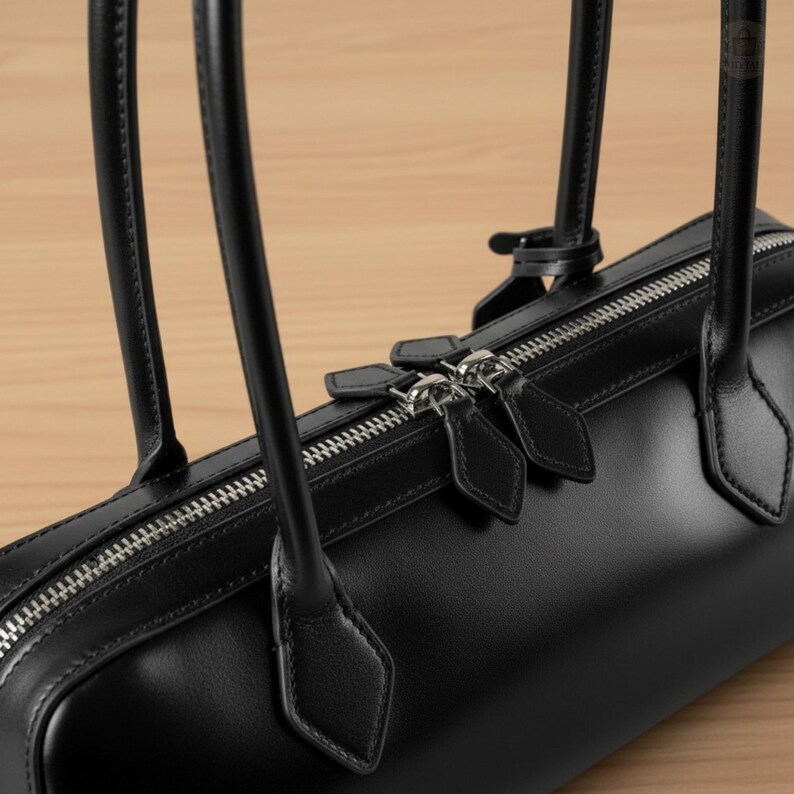 May include: A black leather handbag with a cylindrical shape, featuring a silver zipper and dual handles. The bag has a minimalist design, with a focus on quality materials and craftsmanship. The handles are attached with diamond-shaped leather accents.